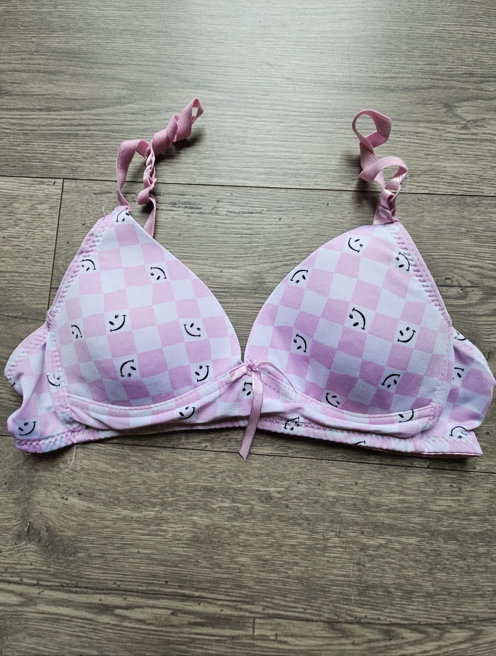 Joe Boxer Checkered Smiley Face Bra - size 34A - pink/white